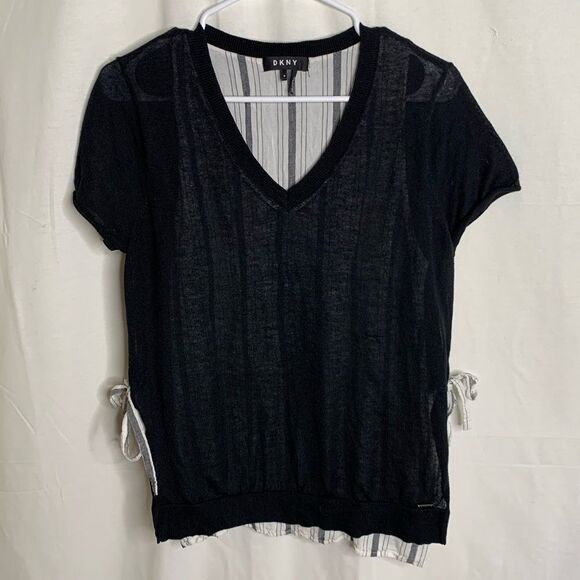 DKNY Short Sleeve V Neck Top With Striped Underlay - Picture 2 of 8